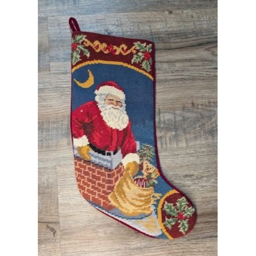 Vintage Wool Needlepoint Handmade Christmas Stocking Santa Claus Rooftop Chimney